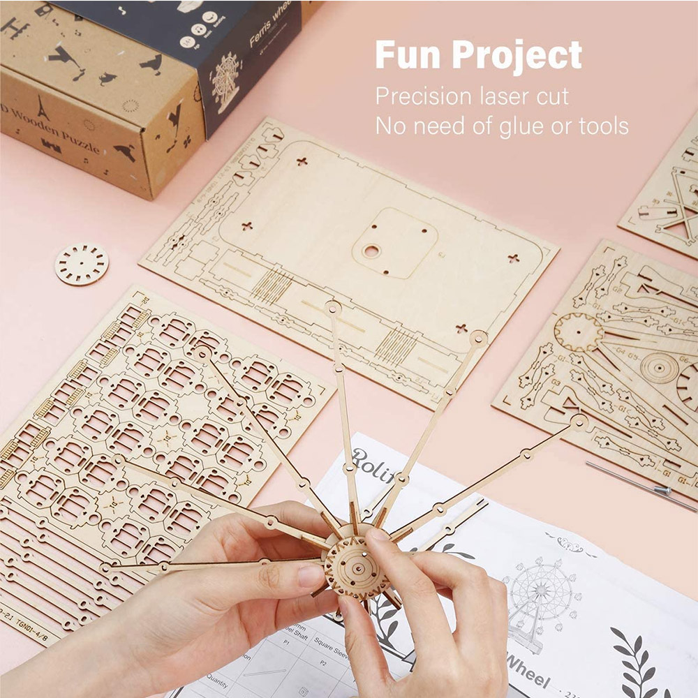 ROBOTIME TGN01 Rolife Ferris Wheel Music Box 3D Wooden Puzzle DIY Kit, 232Pcs
