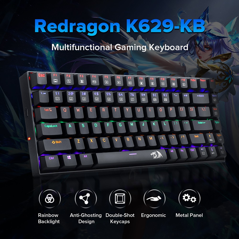 Redragon K629-KB 75% Rainbow LED Backlight Mechanical Gaming keyboard 84 key Blue Switch-Black