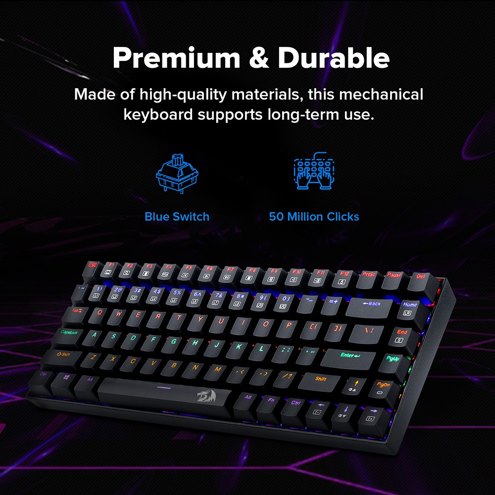 Redragon K629-KB 75% Rainbow LED Backlight Mechanical Gaming keyboard 84 key Blue Switch-Black