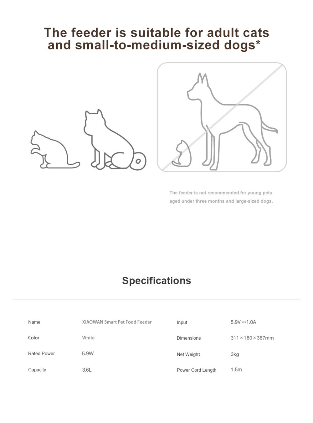 XIAOWAN 3.6L Smart Pet Food Feeder, 24-hour Automatic Cat Dog Food Dispenser Feeder Puppy Supplies, Mijia App Version