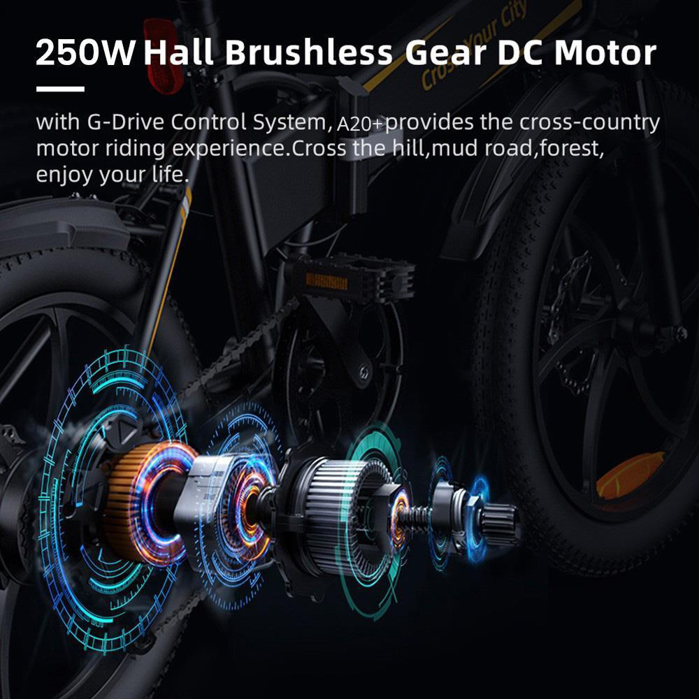 ADO A20 Electric Folding Bike 20 inch City Bicycle 250W Hall Brushless Gear DC Motor SHIMANO 7-Speed Rear Derailleur 36V 10.4Ah Removable Battery 25km/h Max speed up to 60km Max Range IPX5 Double Shock-absorption Aluminum alloy Frame - White