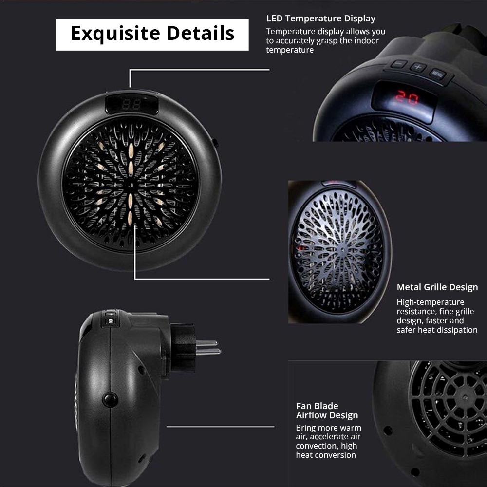 400W Electric Fan Heater, Mini Portable Round Air Heater, Ceramic Heating Element Desktop Winter Warmer, LED Display - Black