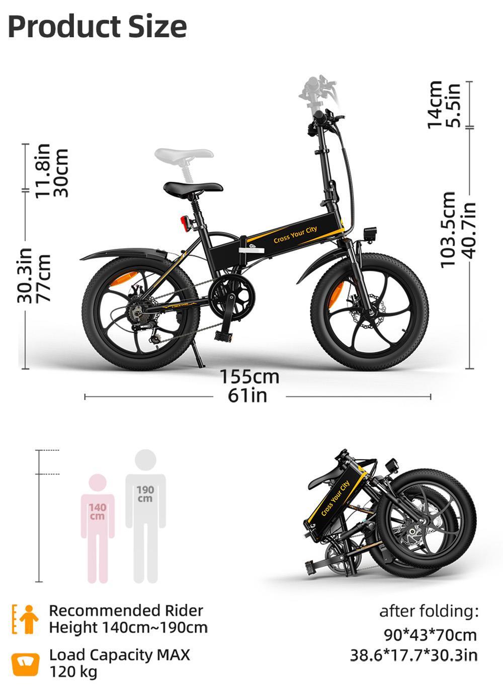 ADO A20 Electric Folding Bike 20 inch City Bicycle 250W Hall Brushless Gear DC Motor SHIMANO 7-Speed Rear Derailleur 36V 10.4Ah Removable Battery 25km/h Max speed up to 60km Max Range IPX5 Double Shock-absorption Aluminum alloy Frame - White