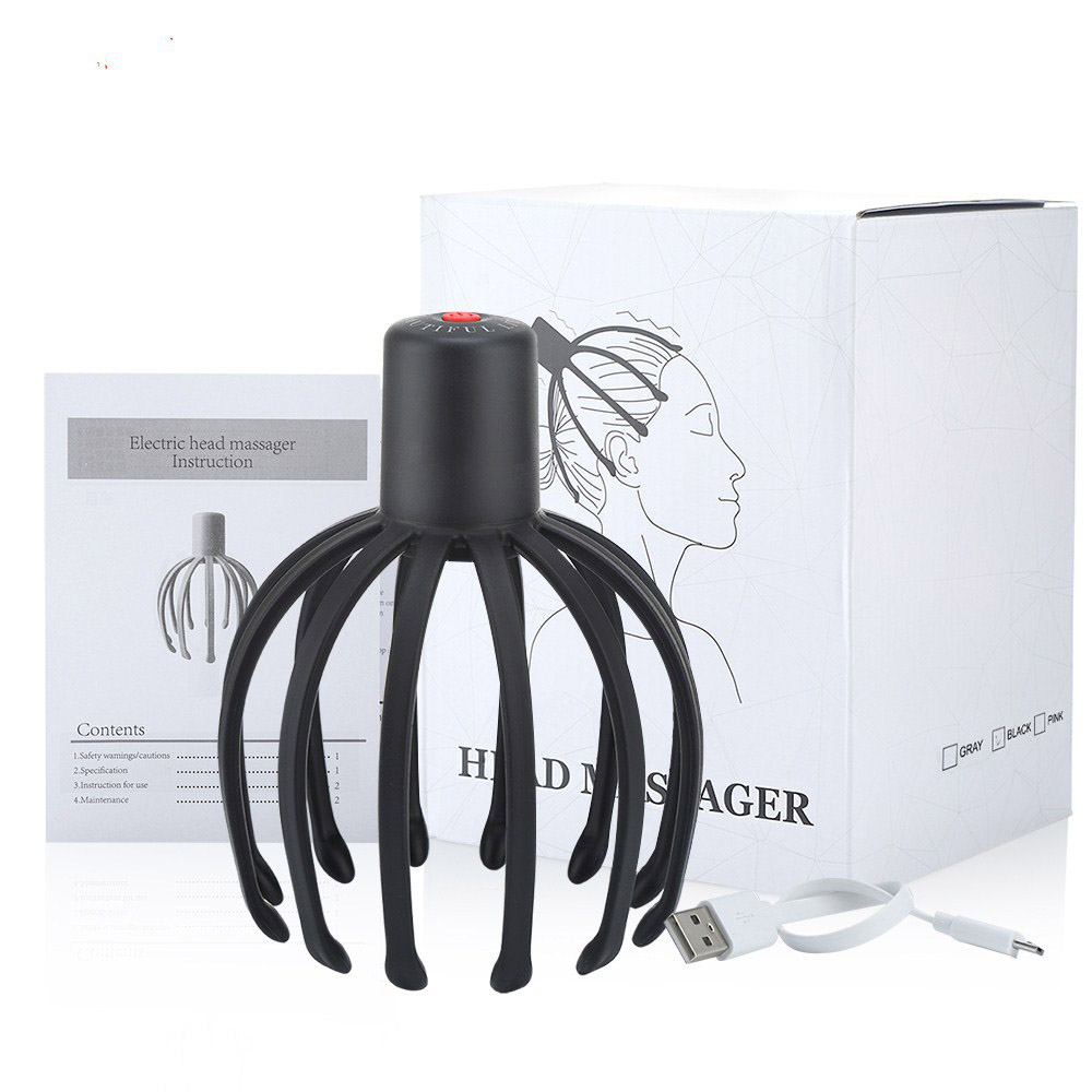 Multi-claw Electric Scalp Massager, Kneading Vibrating Head Massager, USB Charging - Black