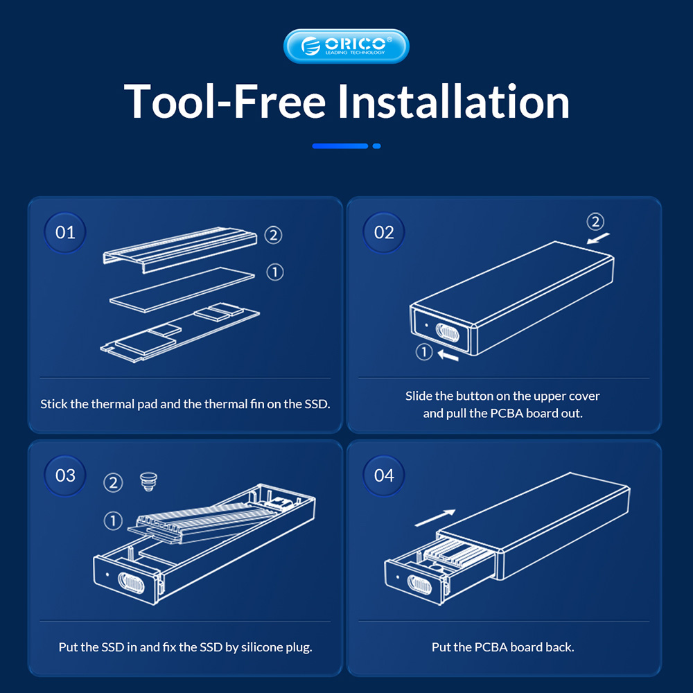 ORICO-BM2C3-GY-BP Tool Free Aluminum M2 SATA SSD Enclosure 6Gbps B Key Solid State Drive Case