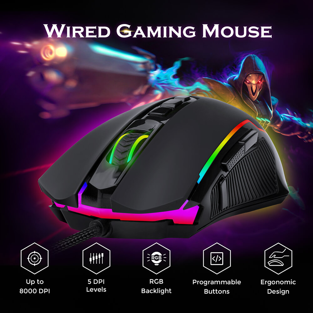 Redragon M910-K RGB Wired Gaming Mouse 8000 DPI 9 Programmable Buttons with Rapid-Fire Button - Black