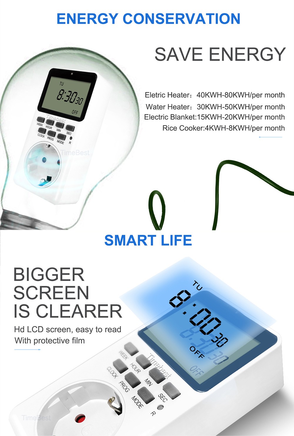TIMEBEST SET09A Digital Timer Socket with 10 Configurable Programs, 230V AC 16A 3680W Timer Switch, Large LCD Display