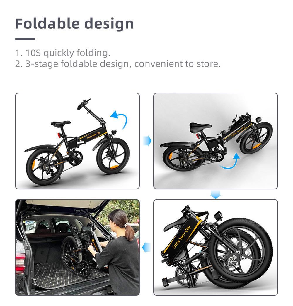 ADO A20 Electric Folding Bike 20 inch City Bicycle 250W Hall Brushless Gear DC Motor SHIMANO 7-Speed Rear Derailleur 36V 10.4Ah Removable Battery 25km/h Max speed up to 60km Max Range IPX5 Double Shock-absorption Aluminum alloy Frame - White