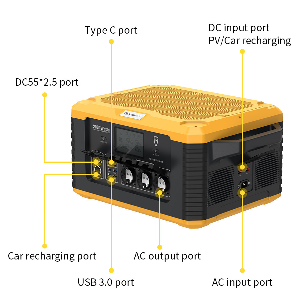 FJDynamics PowerSec MP2000 Portable Power Station with Removable Battery Pack, 2264Wh 2000W Solar Generator, 12 Outputs, 2-Hour Fast Full Charge, UPS System - EU Plug