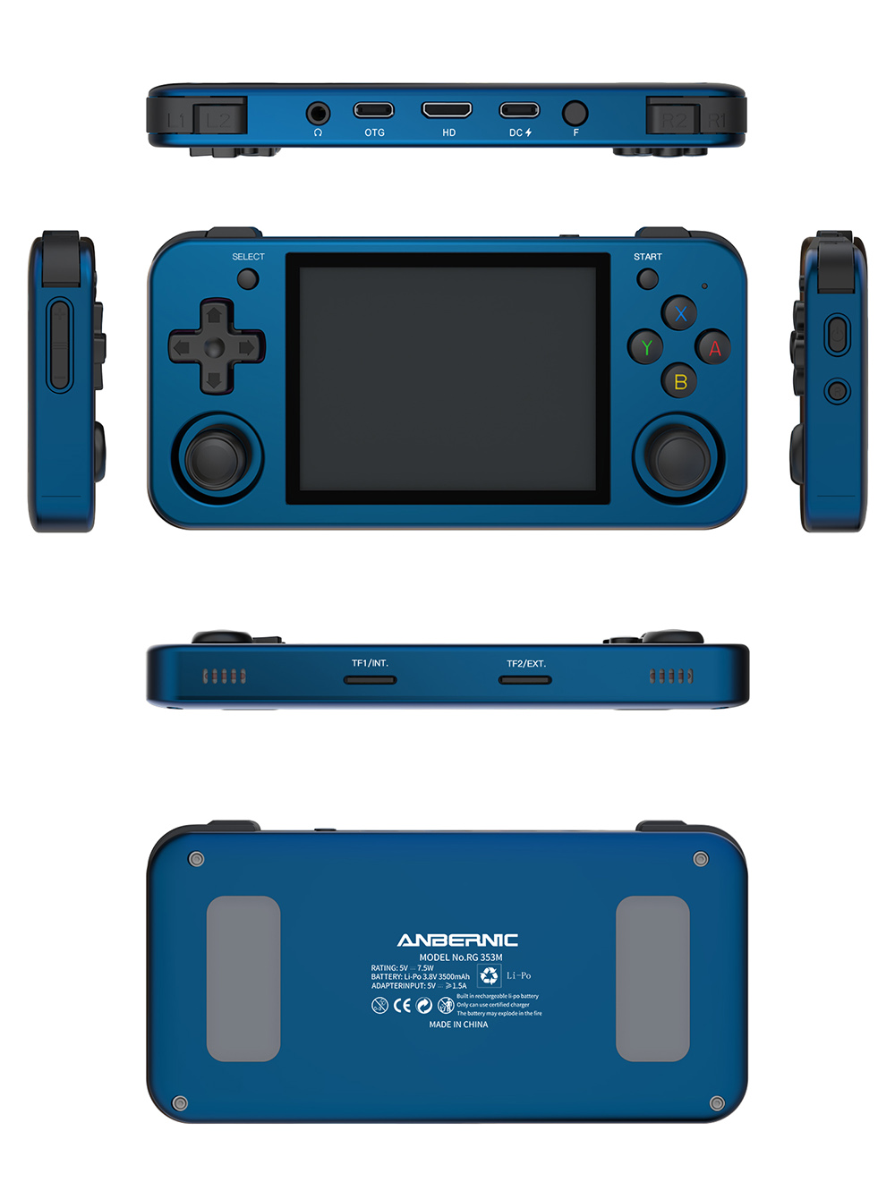 ANBERNIC RG353M Handheld Game Console, 3.5'' IPS Screen Android 32GB high-speed eMMC 5.1 Linux 16GB, 64GB TF Card - Blue