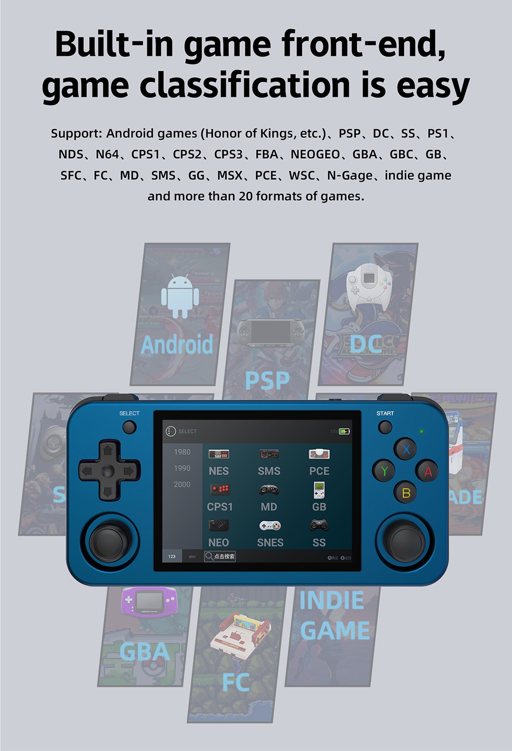 ANBERNIC RG353M Handheld Game Console, 3.5'' IPS Screen Android 32GB high-speed eMMC 5.1 Linux 16GB, 64GB TF Card - Blue
