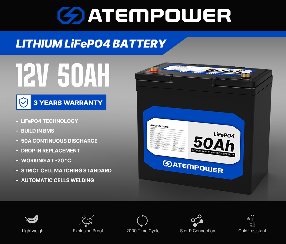 ATEM POWER 12V 50Ah Lifepo4 Battery