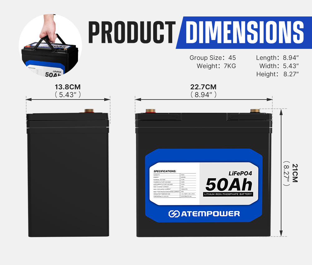 ATEM POWER 12V 50Ah Lifepo4 Battery