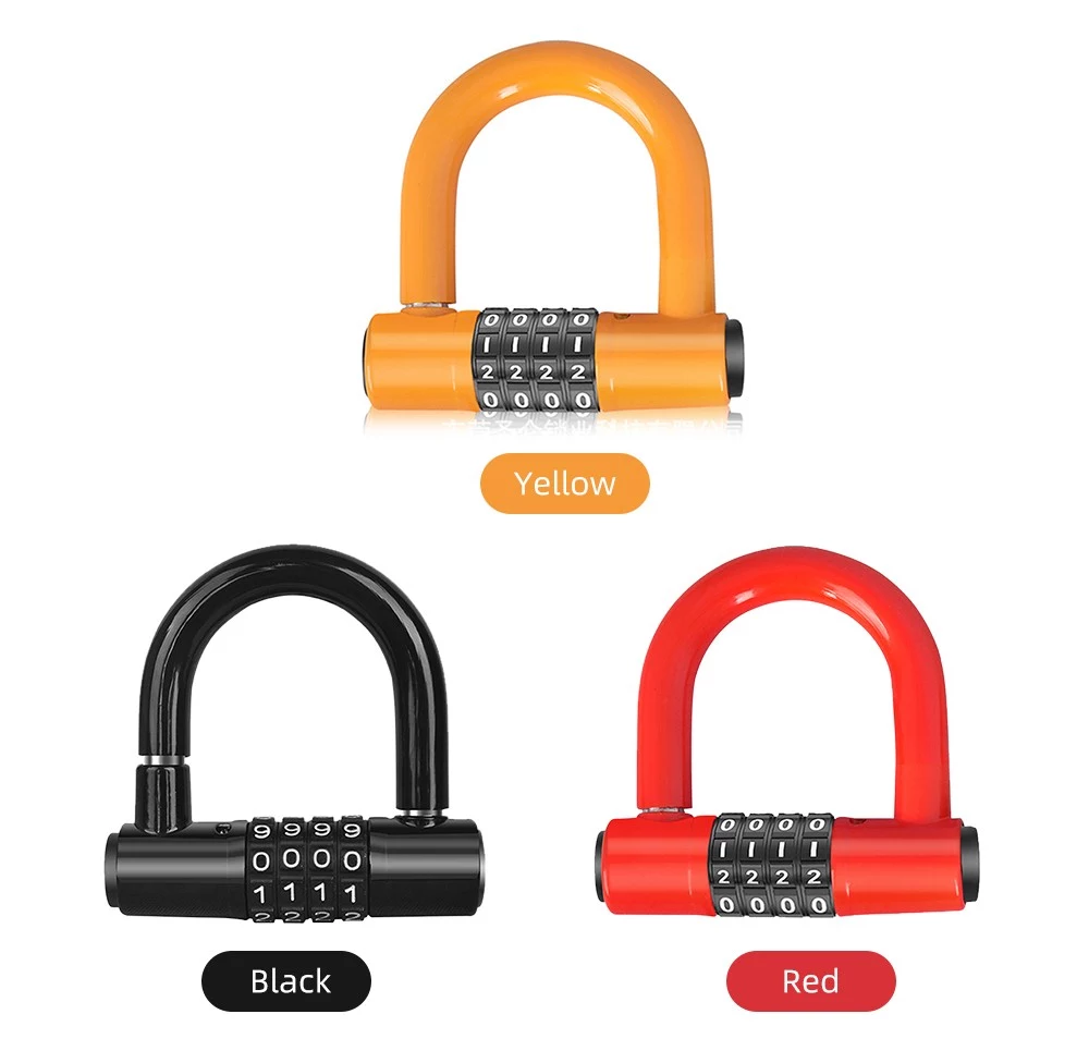Bicycle U Lock 4-digit Combination Password Lock Anti-theft Heavy Duty Gym Locker for Bikes, Motorcycles, Scooters - Red