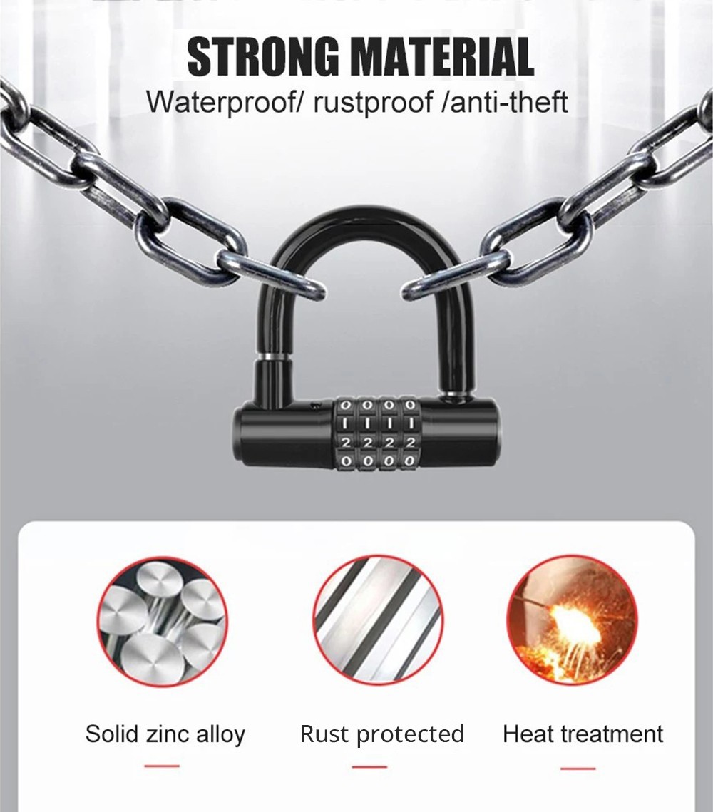 Bicycle U Lock 4-digit Combination Password Lock Anti-theft Heavy Duty Gym Locker for Bikes, Motorcycles, Scooters - Red