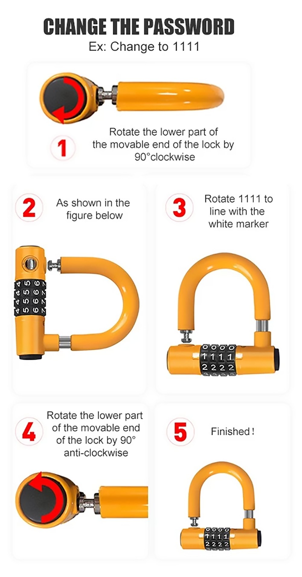 Bicycle U Lock 4-digit Combination Password Lock Anti-theft Heavy Duty Gym Locker for Bikes, Motorcycles, Scooters - Red