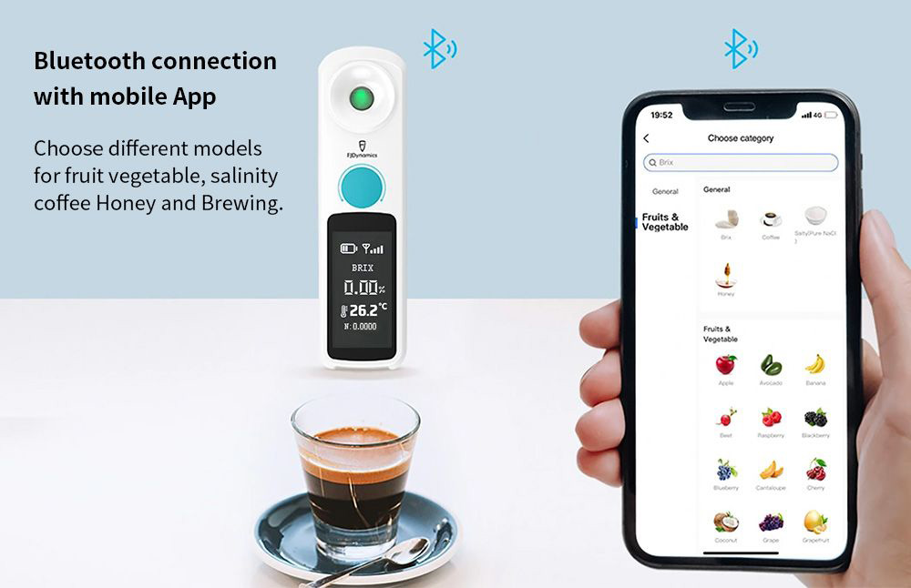 FJDynamics Ultimate ATC Refractometer, 0-95% Brix Range, 0.1% Accuracy, 350mAh Capacity, IP67 Waterproof, App Connection