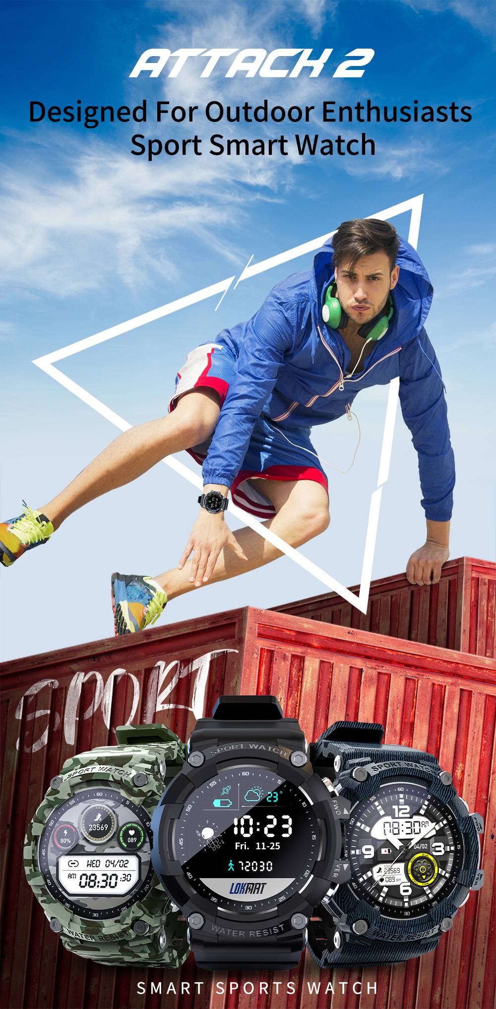 LOKMAT ATTACK 2 Smartwatch 1.28'' TFT LCD Screen Bluetooth 5.1 IP68 Waterproof HR & BP Monitor, Fitness Tracker - Blue