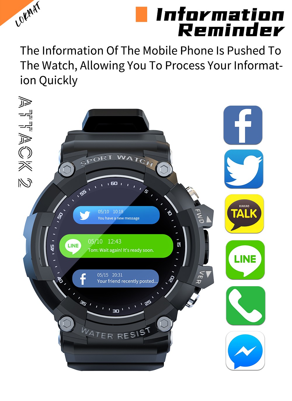 LOKMAT ATTACK 2 Smartwatch 1.28'' TFT LCD Screen Bluetooth 5.1 IP68 Waterproof HR & BP Monitor, Fitness Tracker - Blue