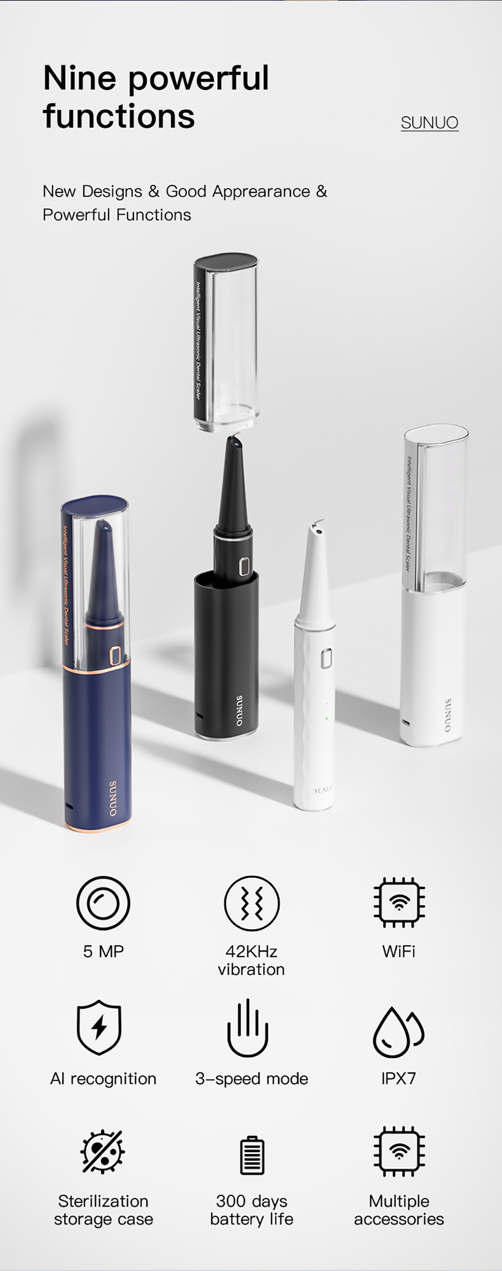 SUNUO T12 PLUS Smart Visual Ultrasonic Dental Scaler with UV Sterilization, 5MP HD Endoscopic Camera, 120 Min Runtime, App Connection, IPX7 Waterproof - Blue
