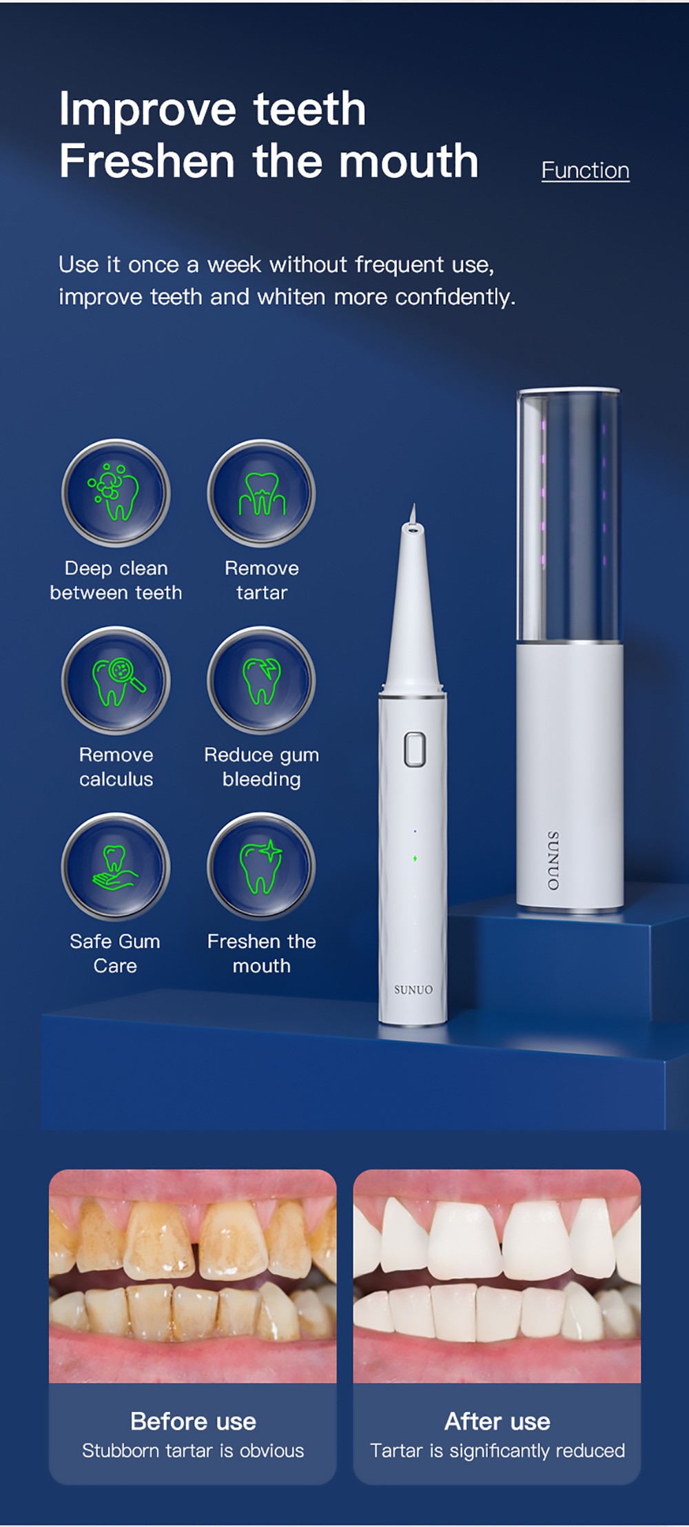 SUNUO T12 PLUS Smart Visual Ultrasonic Dental Scaler with UV Sterilization, 5MP HD Endoscopic Camera, 120 Min Runtime, App Connection, IPX7 Waterproof - White
