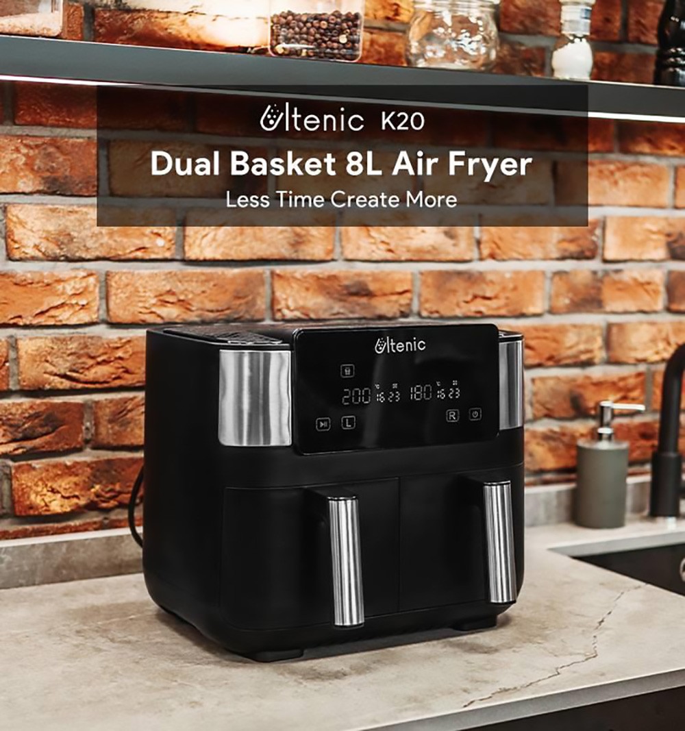 Ultenic K20 2850W Dual Basket Air Fryer, 8L Capacity, Dual Independent Cooking Zone, 100 Online Recipes, Digital Display with 6 Presets, Dishwasher-Safe