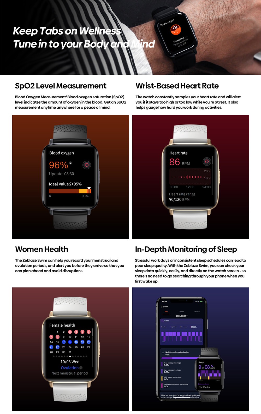 Zeblaze Swim GPS Swimming Smartwatch for Pool and Open Water 1.69'' Large Color Display 24H Health Monitor - Black