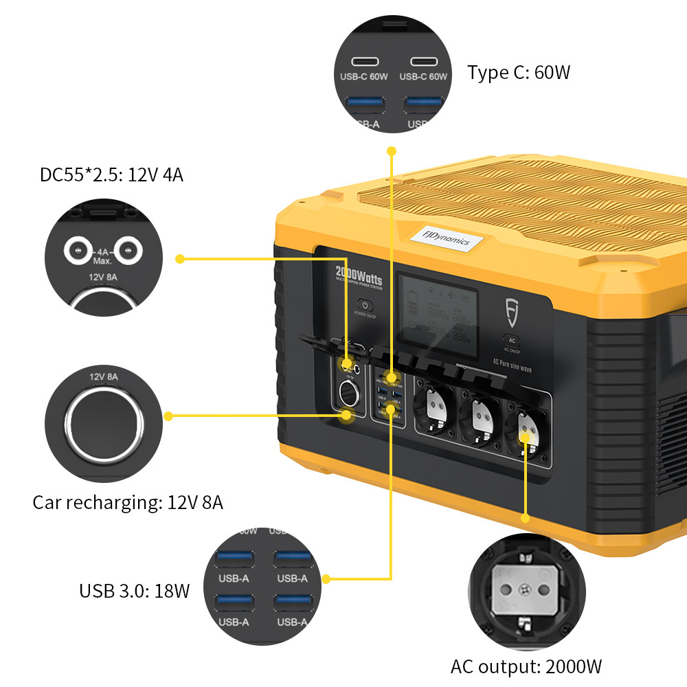 FJDynamics PowerSec MP2000 Portable Power Station with Removable Battery Pack, 2264Wh 2000W Solar Generator, 12 Outputs, 2-Hour Fast Full Charge, UPS System - EU Plug