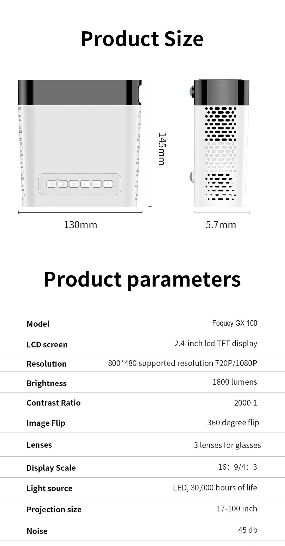 Foqucy GX100 1080P LED Projector, 1800Lumens, 2000:1 Contrast Ratio, Home Media Player - White