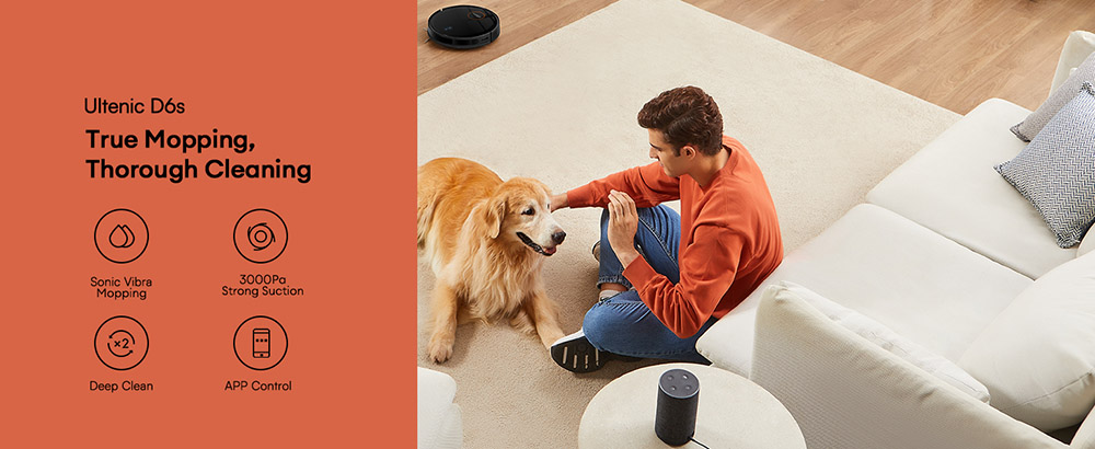 Ultenic D6S Robot Vacuum Cleaner Gyroscopic Navigation, 3-in-1 Sweep Vacuum Mop, 3000 Suction, 4 Cleaning Modes, 2600mAh Battery, 120min Runtime