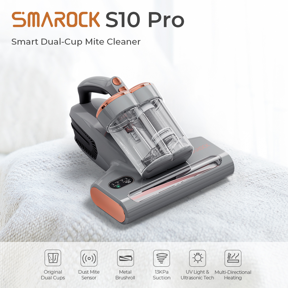 Smarock S10 Pro Smart Dual-Cup Mite Cleaner 13KPa Suction 500W Power Dust Mite Sensor Digital Display Metal Brushroll UV Light & Ultrasonic Tech Multi-Directional Heating 99.9% Mite Removal 0.5L Dust Cup - Grey