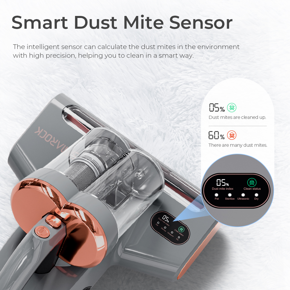 Smarock S10 Pro Smart Dual-Cup Mite Cleaner 13KPa Suction 500W Power Dust Mite Sensor Digital Display Metal Brushroll UV Light & Ultrasonic Tech Multi-Directional Heating 99.9% Mite Removal 0.5L Dust Cup - Grey