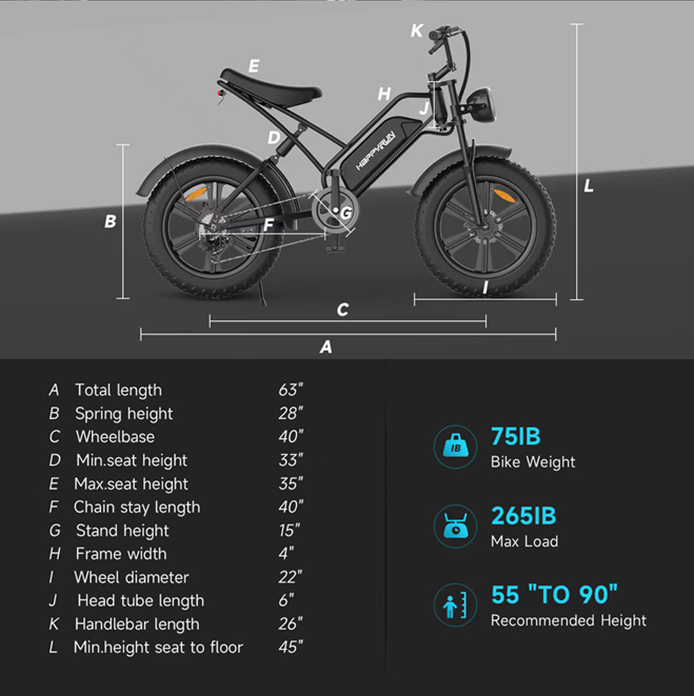 HAPPYRUN HR-G50 Electric Bike 20*4.0 Inch Fat Tires 48V 18Ah Battery 750W Motor 45Km/h Max Speed Retro Ebike Max Load 150kg Shimano 7-Speed Gear