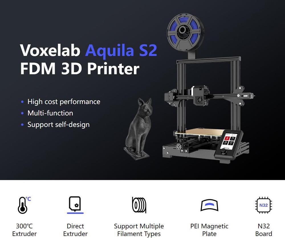Voxelab Aquila S2 FDM 3D Printer, Direct Extruder, 300 Celsius Degrees Printing, N32 Mainboard, PEI Magnetic Plate, Print Size 220*220*240mm