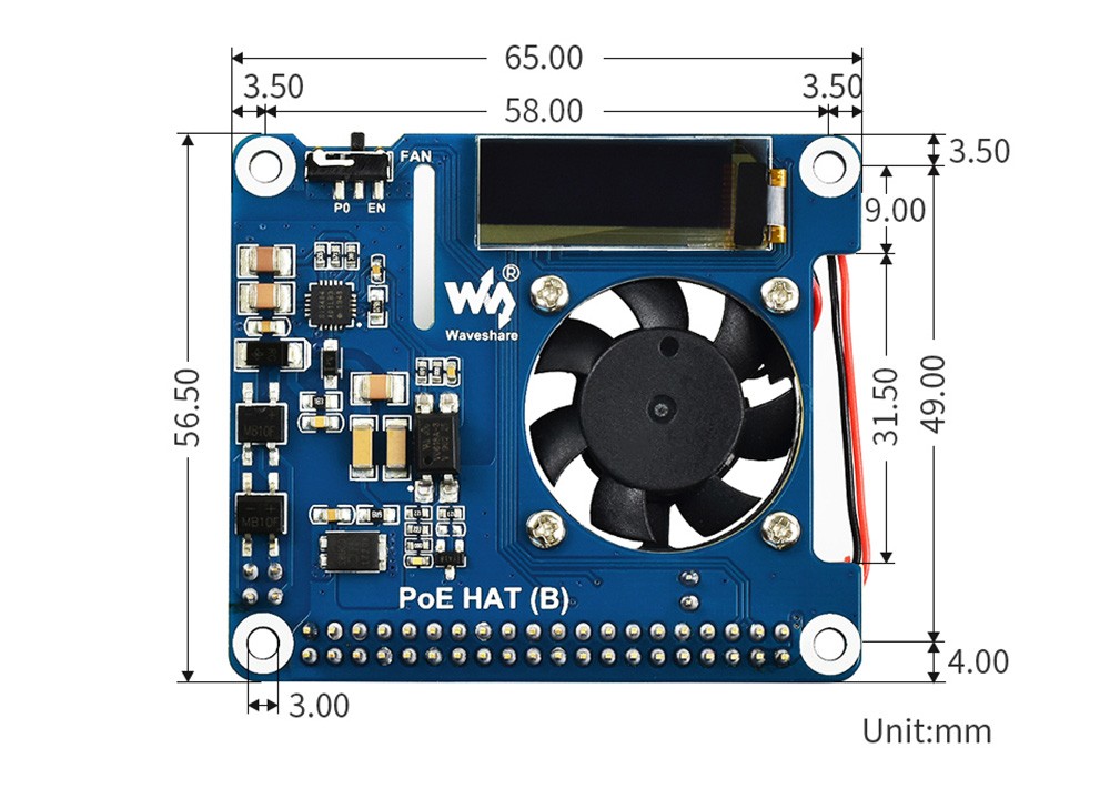 Waveshare PoE HAT (B) for Raspberry Pi 3B+/4B, 49*65mm, 802.3af PoE Network