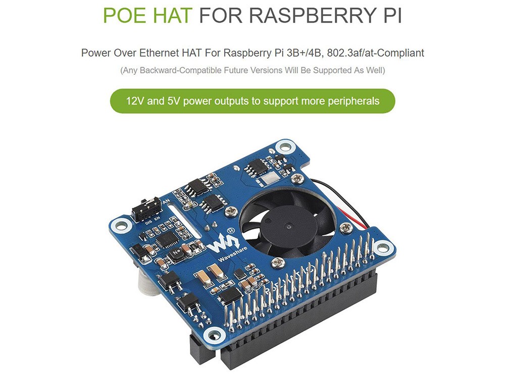 Waveshare PoE HAT (C) for Raspberry Pi 3B+/4B, 56.5*65mm, 802.3af/at-Compliant