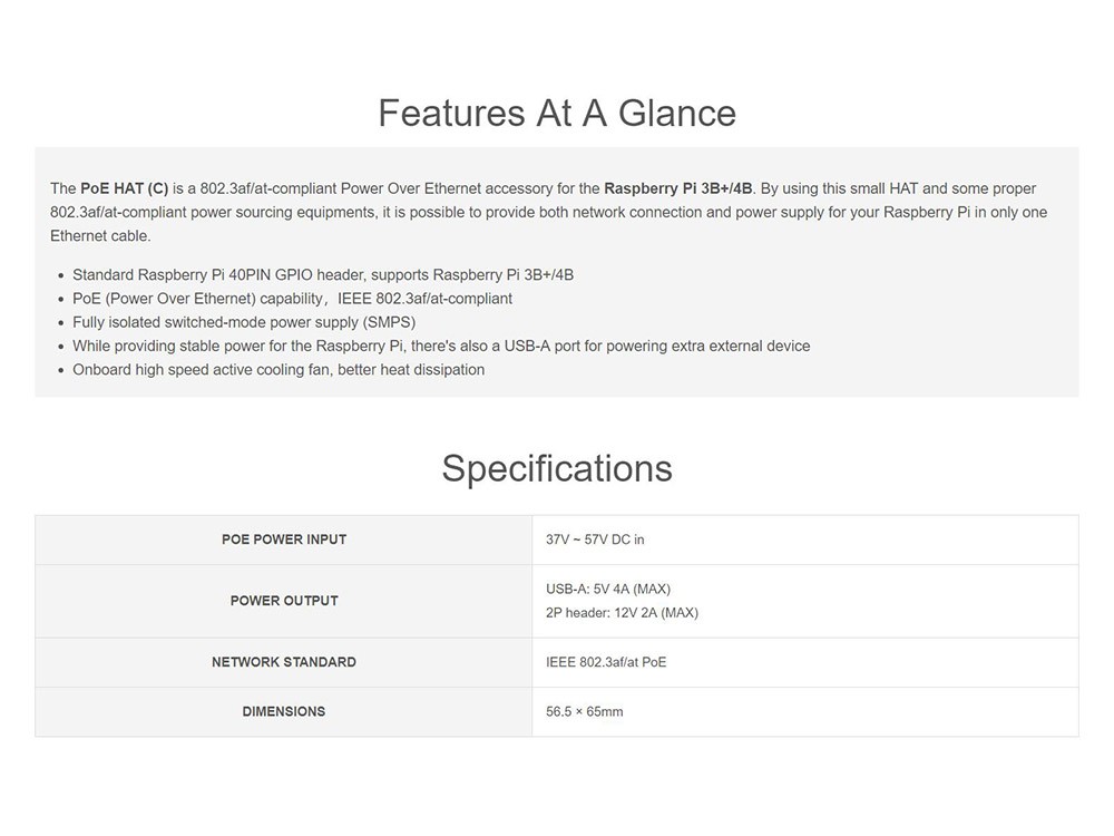 Waveshare PoE HAT (C) for Raspberry Pi 3B+/4B, 56.5*65mm, 802.3af/at-Compliant