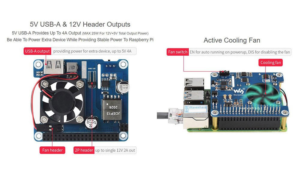 Waveshare PoE HAT (C) for Raspberry Pi 3B+/4B, 56.5*65mm, 802.3af/at-Compliant