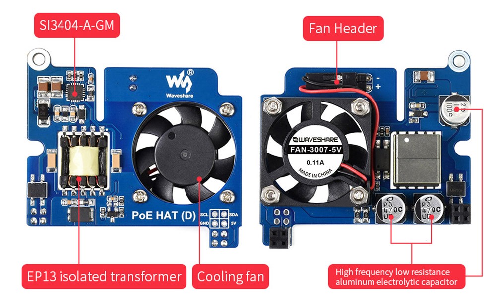 Waveshare PoE HAT (D) for Raspberry Pi 3B+/4B, 802.3af-Compliant, 58.9 x54.92mm