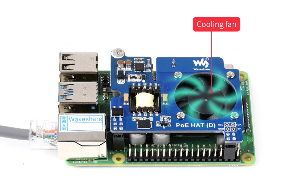 Waveshare PoE HAT (D) for Raspberry Pi 3B+/4B, 802.3af-Compliant, 58.9 x54.92mm