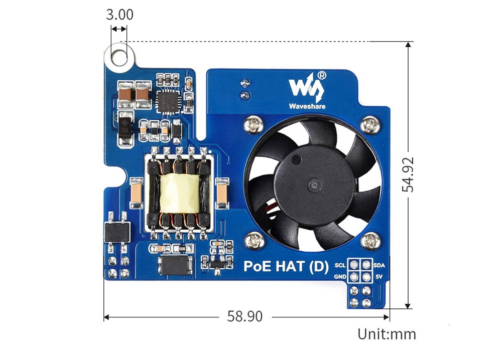 Waveshare PoE HAT (D) for Raspberry Pi 3B+/4B, 802.3af-Compliant, 58.9 x54.92mm