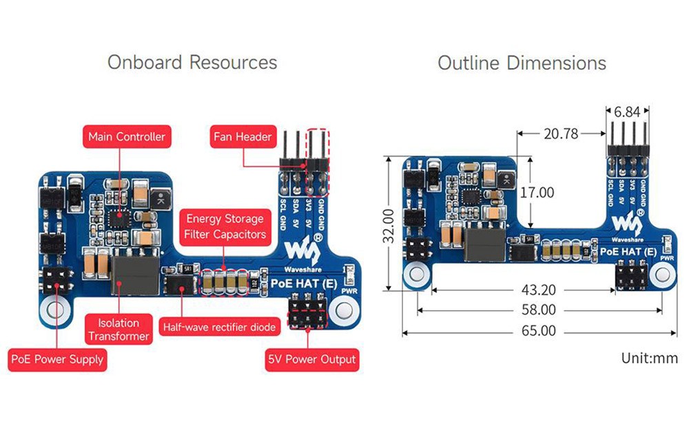 Waveshare Power over Ethernet HAT (E) for Raspberry Pi 3B+/4B, 802.3af-Compliant, 65 x 32mm