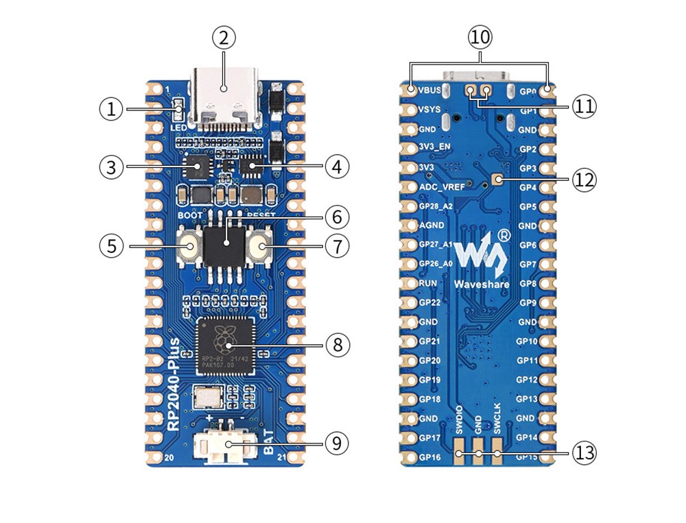 Waveshare RP2040-Plus, a Pico-like MCU Board Based on Raspberry Pi MCU RP2040, 16MB