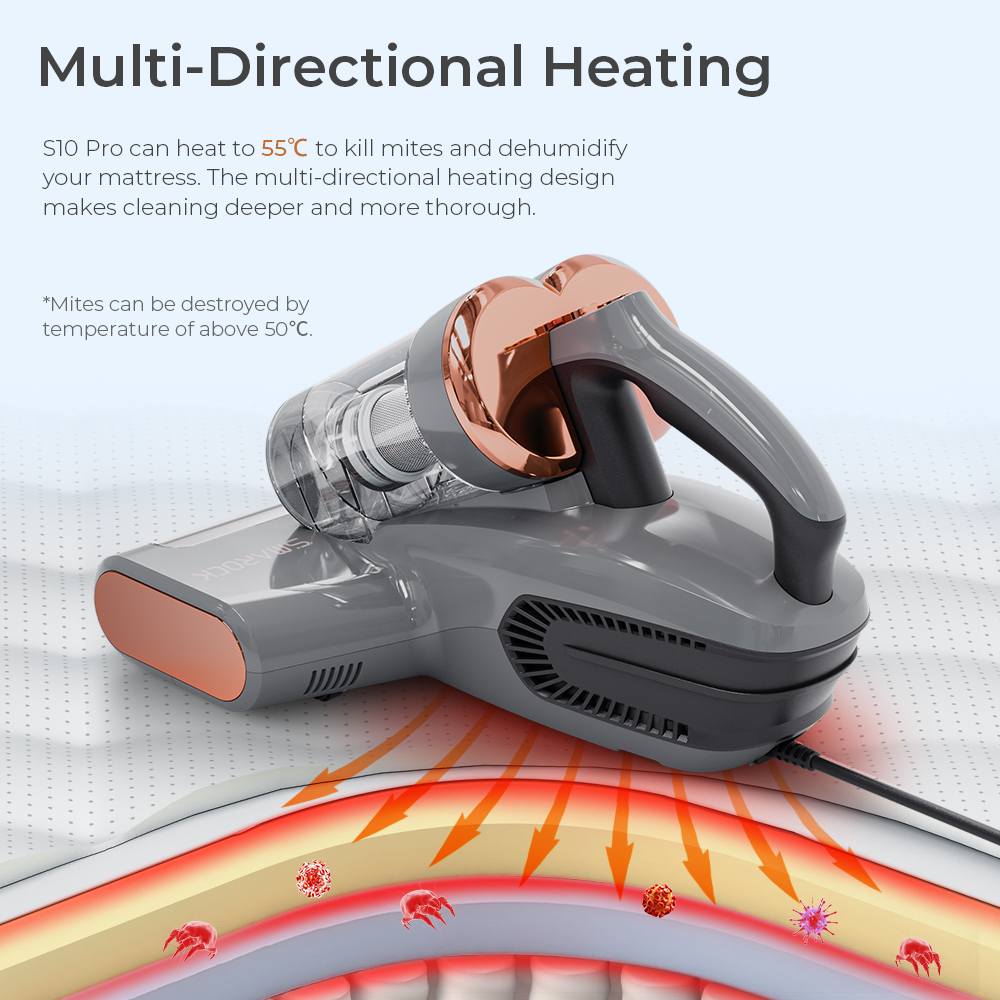 Smarock S10 Pro Smart Dual-Cup Mite Cleaner 13KPa Suction 500W Power Dust Mite Sensor Digital Display Metal Brushroll UV Light & Ultrasonic Tech Multi-Directional Heating 99.9% Mite Removal 0.5L Dust Cup - Grey