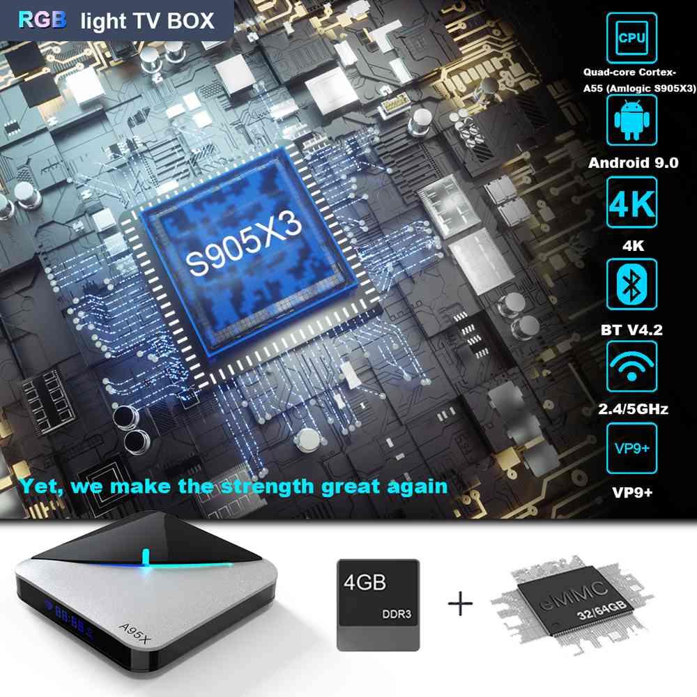 A95X F3 Air Amlogic S905x3 Android 9.0 8K Video Decode TV Box RGB Light 4GB/32GB 2.4G+5G MIMO WiFi Bluetooth LAN USB3.0 4K Youtube