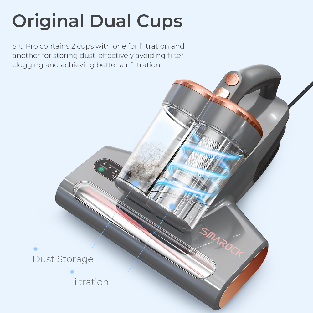 Smarock S10 Pro Smart Dual-Cup Mite Cleaner 13KPa Suction 500W Power Dust Mite Sensor Digital Display Metal Brushroll UV Light & Ultrasonic Tech Multi-Directional Heating 99.9% Mite Removal 0.5L Dust Cup - Grey