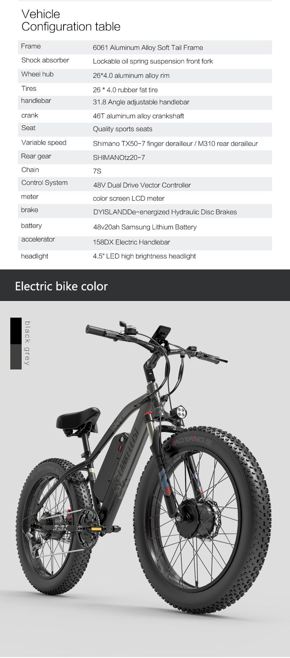 LANKELEISI MG740 PLUS Electric Bike 26*4.0'' Tires 1000W*2 Dual Motor 20Ah Battery 49km/h Max Speed - Black & Blue