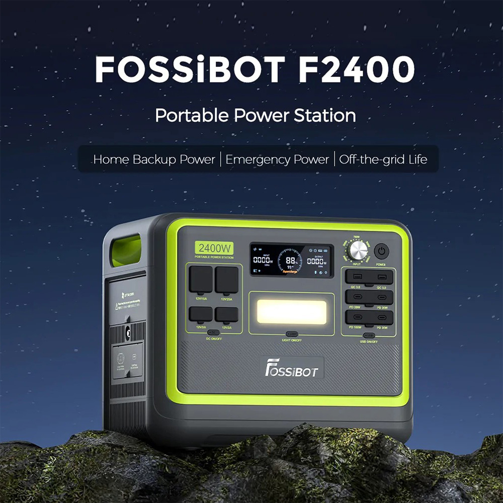 FOSSiBOT F2400 Portable Power Station, 2048Wh LiFePO4 Battery 2400W Output Solar Generator, 3xAC RV Car USB Type-C QC3.0 PD DC5521 Pure Sine Wave Full Outlets, 1.5 Hours Fast Charging, Input Power Adjustment Knob, Bidirectional Inverter, UPS - Green