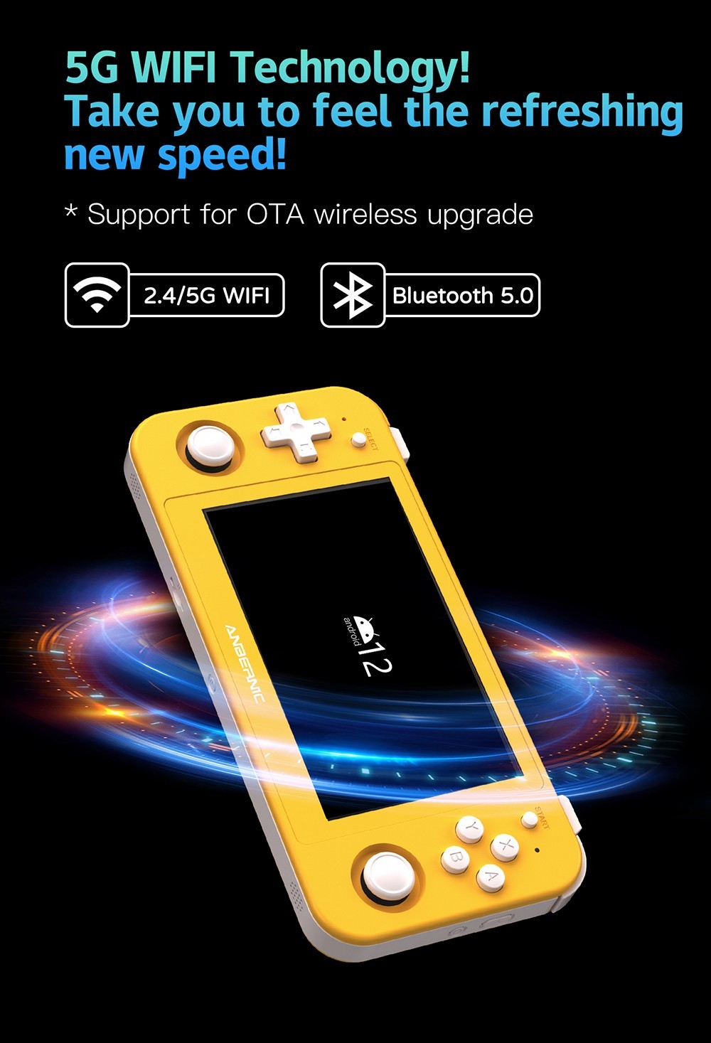 ANBERNIC RG505 Android 12 Handheld Game Console, 4GB+256GB+128GB, Built-in 4000 Games, 4.95'' OLED Touch Screen, Unisoc Tiger T618, 8H Play Time, 2.4/5G WiFi - Yellow