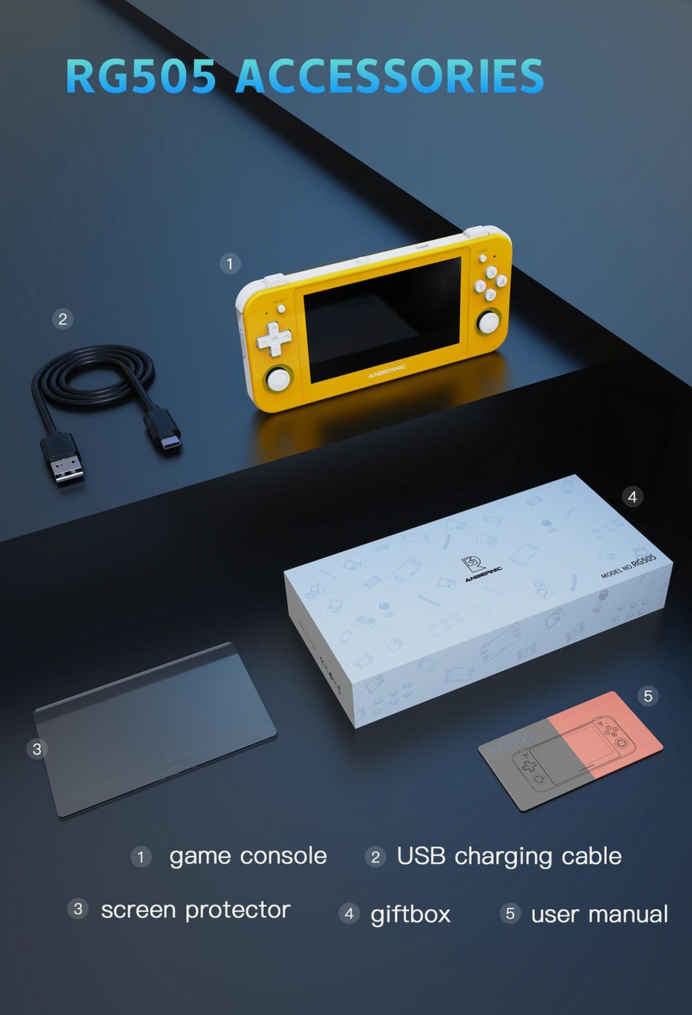 ANBERNIC RG505 Handheld Game Console, Unisoc Tiger T618 64-bit Cota-core, 4.95'' OLED Touch Screen, 4+128GB Memory, Android 12, 5000mAh Battery, 8H Play Time, 2.4/5G WiFi - Yellow